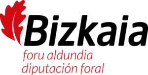 Logotipo de Bizkaia con una hoja roja y texto en negro que dice "foru aldundia diputación foral".