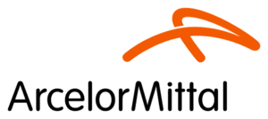 Logotipo de ArcelorMittal con un diseño gráfico en naranja y negro.