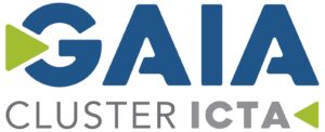 Logotipo de GAIA Cluster ICTA con texto en mayúsculas y flechas en colores verde y azul.