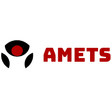 Logotipo de AMETS con un símbolo abstracto y el nombre en letras rojas.