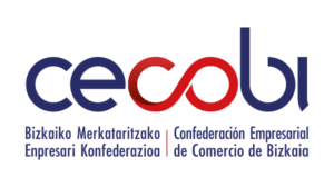 Logotipo de Cecobi, Confederación Empresarial de Comercio de Bizkaia, con texto en varios idiomas.