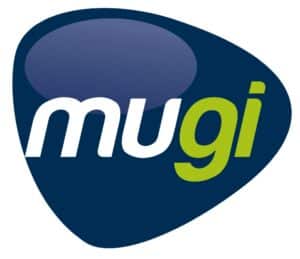Logotipo de Mugi con un fondo azul y el texto "mugi" en blanco y verde.